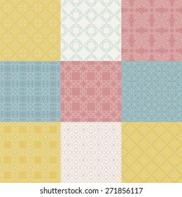 Set of nine vector seamless geometrical patterns. Vintage textures. Decorative background for cards, invitations, web design. Retro digital paper. 