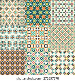 Set of nine vector seamless geometrical patterns. Vintage textures. Decorative background for cards, invitations, web design. Retro digital paper. 