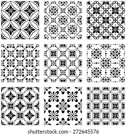 Set of nine vector seamless geometrical patterns. Vintage textures. Decorative background for cards, invitations, web design. Retro digital paper. 