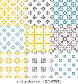 Set of nine vector seamless geometrical patterns. Vintage textures. Decorative background for cards, invitations, web design. Retro digital paper. 