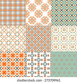 Set of nine vector seamless geometrical patterns. Vintage textures. Decorative background for cards, invitations, web design. Retro digital paper. 