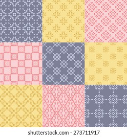 Set of nine vector seamless geometrical patterns. Vintage textures. Decorative background for cards, invitations, web design. Retro digital paper. 