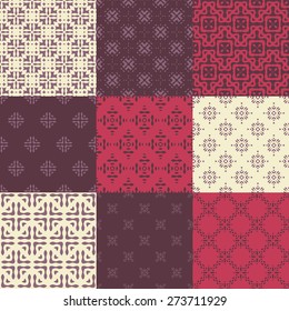 Set of nine vector seamless geometrical patterns. Vintage textures. Decorative background for cards, invitations, web design. Retro digital paper. 
