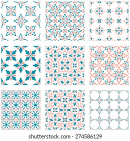 Set of nine vector seamless geometrical patterns. Vintage textures. Decorative background for cards, invitations, web design. Retro digital paper. 