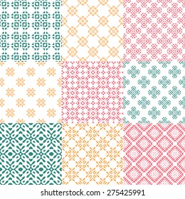 Set of nine vector seamless geometrical patterns. Vintage textures. Decorative background for cards, invitations, web design. Retro digital paper. 