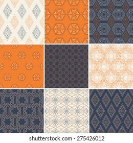Set of nine vector seamless geometrical patterns. Vintage textures. Decorative background for cards, invitations, web design. Retro digital paper. 