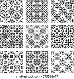 Set of nine vector seamless geometrical patterns. Vintage textures. Decorative background for cards, invitations, web design. Retro digital paper. 
