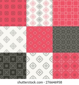 Set of nine vector seamless geometrical patterns. Vintage textures. Decorative background for cards, invitations, web design. Retro digital paper. 