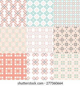 Set of nine vector seamless geometrical patterns. Vintage textures. Decorative background for cards, invitations, web design. Retro digital paper. 