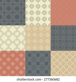 Set of nine vector seamless geometrical patterns. Vintage textures. Decorative background for cards, invitations, web design. Retro digital paper. 