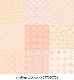 Set of nine vector seamless geometrical patterns. Vintage textures. Decorative background for cards, invitations, web design. Retro digital paper. 