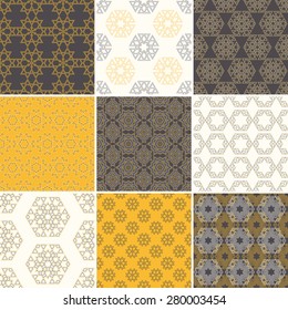 Set of nine vector seamless geometrical patterns. Vintage textures. Decorative background for cards, invitations, web design. Retro digital paper. 