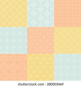 Set of nine vector seamless geometrical patterns. Vintage textures. Decorative background for cards, invitations, web design. Retro digital paper. 