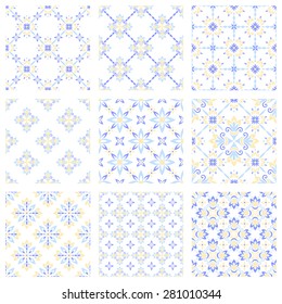 Set of nine vector seamless geometrical patterns. Vintage textures. Decorative background for cards, invitations, web design. Retro digital paper. 