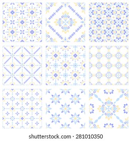 Set of nine vector seamless geometrical patterns. Vintage textures. Decorative background for cards, invitations, web design. Retro digital paper. 