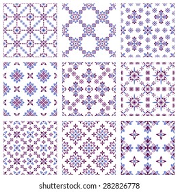 Set of nine vector seamless geometrical patterns. Vintage textures. Decorative background for cards, invitations, web design. Retro digital paper. 