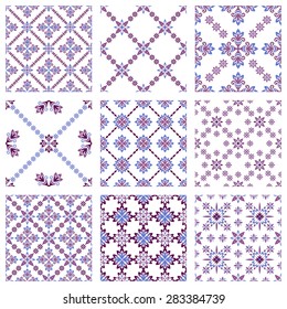 Set of nine vector seamless geometrical patterns. Vintage textures. Decorative background for cards, invitations, web design. Retro digital paper. 