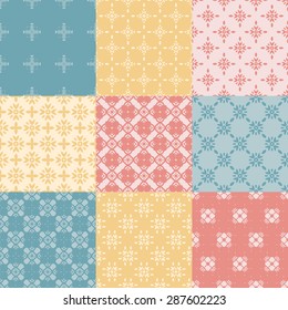 Set of nine vector seamless geometrical patterns. Vintage textures. Decorative background for cards, invitations, web design. Retro digital paper. 