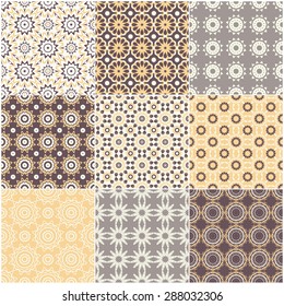 Set of nine vector seamless geometrical patterns. Vintage decorative background for cards, invitations, web design. Retro digital paper, scrapbook.