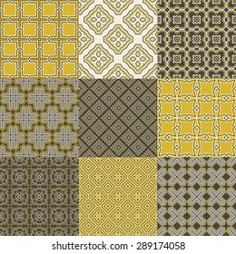 Set of nine vector seamless geometrical patterns. Vintage textures. Decorative background for cards, invitations, web design. Retro digital paper. 