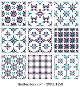 Set of nine vector seamless geometrical patterns. Vintage textures. Decorative background for cards, invitations, web design. Retro digital paper. 