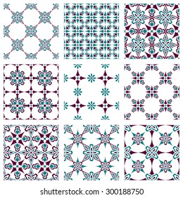 Set of nine vector seamless geometrical patterns. Vintage textures. Decorative background for cards, invitations, web design. Retro digital paper. 