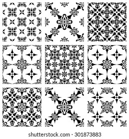 Set of nine vector seamless geometrical patterns. Vintage textures. Decorative background for cards, invitations, web design. Retro digital paper. 