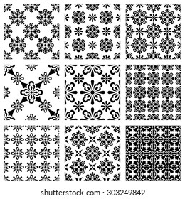 Set of nine vector seamless geometrical patterns. Vintage textures. Decorative background for cards, invitations, web design. Retro digital paper. 