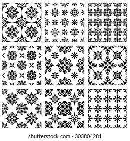 Set of nine vector seamless geometrical patterns. Vintage textures. Decorative background for cards, invitations, web design. Retro digital paper. 