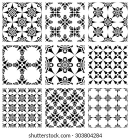 Set of nine vector seamless geometrical patterns. Vintage textures. Decorative background for cards, invitations, web design. Retro digital paper. 
