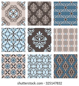Set of nine vector seamless geometrical patterns. Vintage textures. Decorative background for cards, invitations, web design. Retro digital paper. 