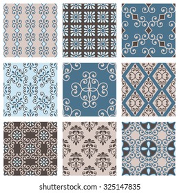 Set of nine vector seamless geometrical patterns. Vintage textures. Decorative background for cards, invitations, web design. Retro digital paper. 