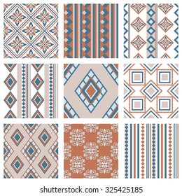 Set of nine vector seamless geometrical patterns. Vintage textures. Decorative background for cards, invitations, web design. Retro digital paper. 