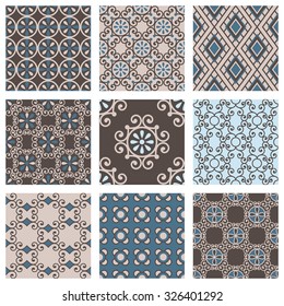 Set of nine vector seamless geometrical patterns. Vintage textures. Decorative background for cards, invitations, web design. Retro digital paper. 