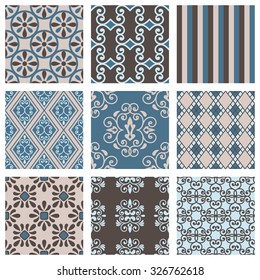 Set of nine vector seamless geometrical patterns. Vintage textures. Decorative background for cards, invitations, web design. Retro digital paper. 