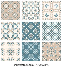 Set of nine vector seamless geometrical patterns. Vintage textures. Decorative background for cards, invitations, web design. Retro digital paper. 