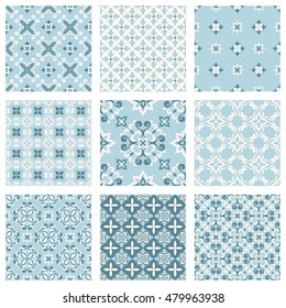 Set of nine vector seamless geometrical patterns. Vintage textures. Decorative background for cards, invitations, web design. Retro digital paper. 