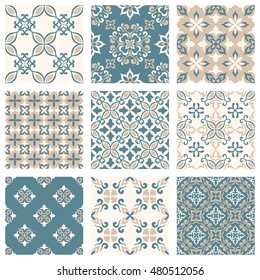 Satz von neun, nahtlosen geometrischen Vektormustern. Vintage-Texturen. Dekorativer Hintergrund für Karten, Einladungen, Webdesign. Retro-Digitalpapier. 