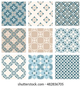 Set of nine vector seamless geometrical patterns. Vintage textures. Decorative background for cards, invitations, web design. Retro digital paper. 