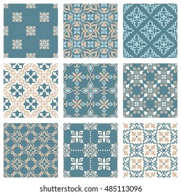 Set of nine vector seamless geometrical patterns. Vintage textures. Decorative background for cards, invitations, web design. Retro digital paper. 