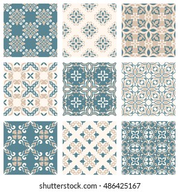 Set of nine vector seamless geometrical patterns. Vintage textures. Decorative background for cards, invitations, web design. Retro digital paper. 