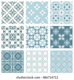 Set of nine vector seamless geometrical patterns. Vintage textures. Decorative background for cards, invitations, web design. Retro digital paper. 