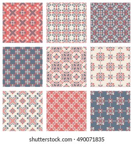 Set of nine vector seamless geometrical patterns. Vintage textures. Decorative background for cards, invitations, web design. Retro digital paper. 