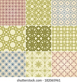 set of nine vector seamless patterns, can be used separately as textile, wrapping paper or any other decoration, seamless patterns included in swatch menu