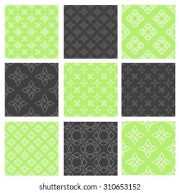 Set of nine vector seamless patterns in trendy linear style. Minimal vintage texture. Decorative background for cards or invitations