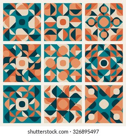 Set of Nine Vector Seamless Teal Orange Retro Geometric Ethnic Square Pattern Collection