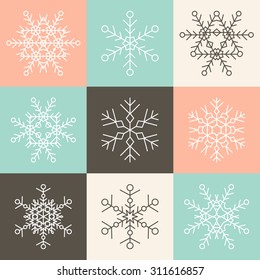 Set of nine vector simple linear snowflakes icons on multicolor backgrounds. Hipster black and white design elements. Holiday flat illustration.