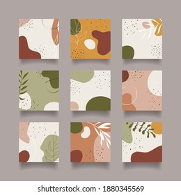 Set of nine vector square backgrounds with abstract ornament and leaves