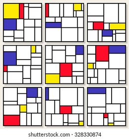 Set Of Nine Vector Square Compositions In Mondrian Style Painting Design