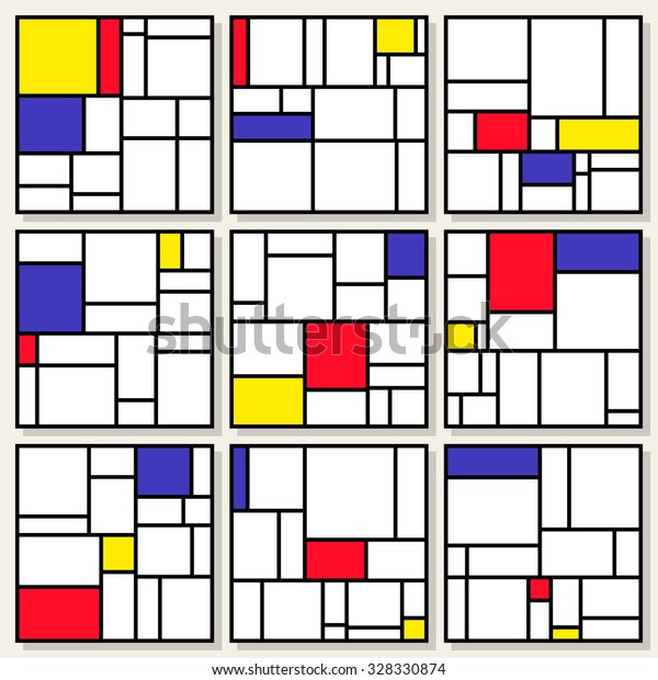 Set Of Nine Vector Square Compositions in Mondrian\
Style Painting Design